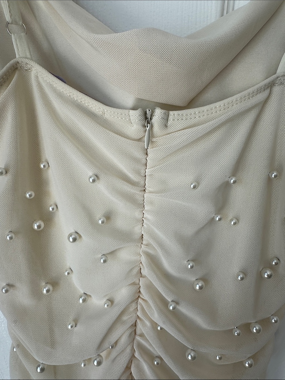 Iris Cream Pearl Ruched Mesh Mini Dress - Size Small - Picture 6 of 6